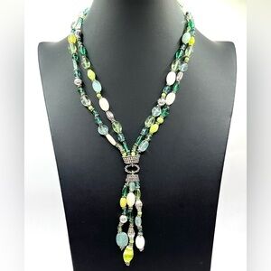 Napier Silver Tone Beaded Necklace Blue Green White Beads Lariat Style Necklace